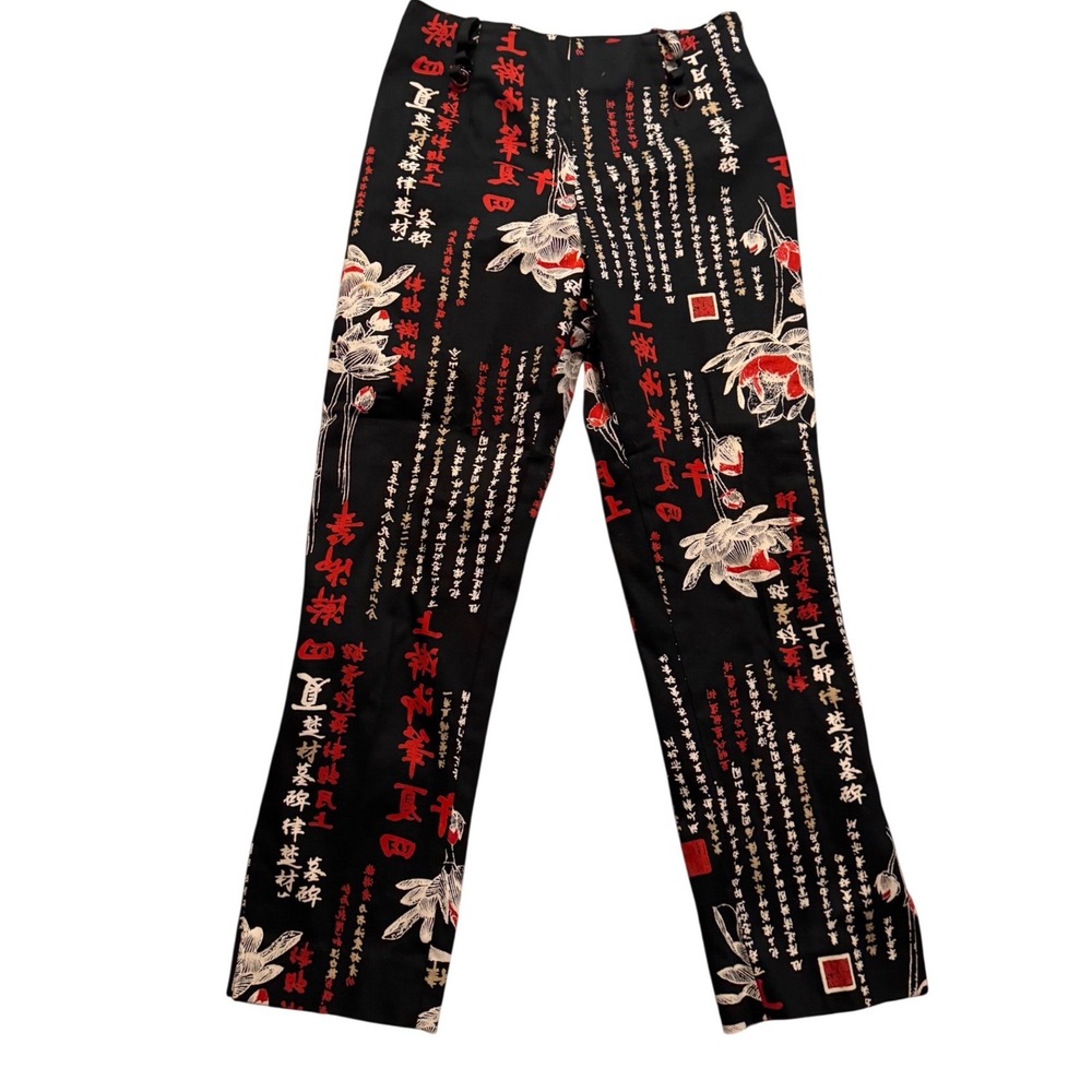 Sharon Endick Kate Vintage Chinese Calligraphy Lotus Print Pants Black Red Si 6